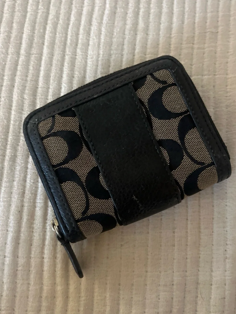 Coach Black Signature Canvas Zip Card Case with Leather Trim